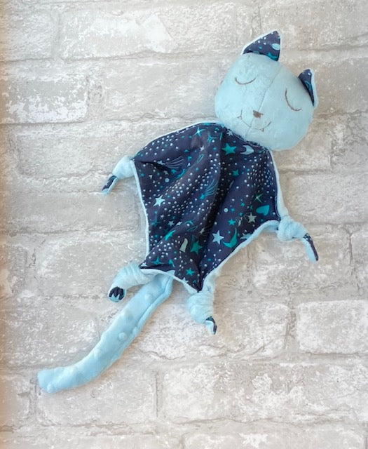 Here Kitty Kitty Baby Blankie Rattle in Blue