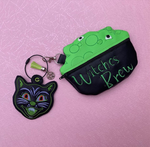 "Witches Brew" Coin Purse with Vintage Cat Bag Tag