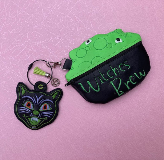 "Witches Brew" Coin Purse with Vintage Cat Bag Tag